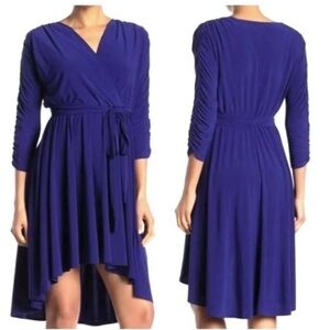Eliza J Surplice Ruched Sleeve High/Low Wrap Midi Dress Cobalt Blue